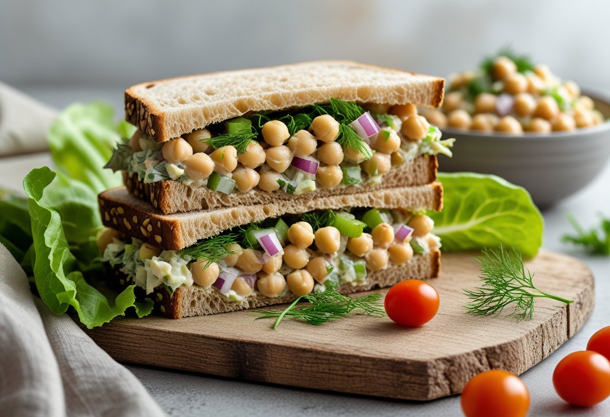 A chickpea tuna salad sandwich cut in half on a wooden board with lettuce and cherry tomatoes nearby.