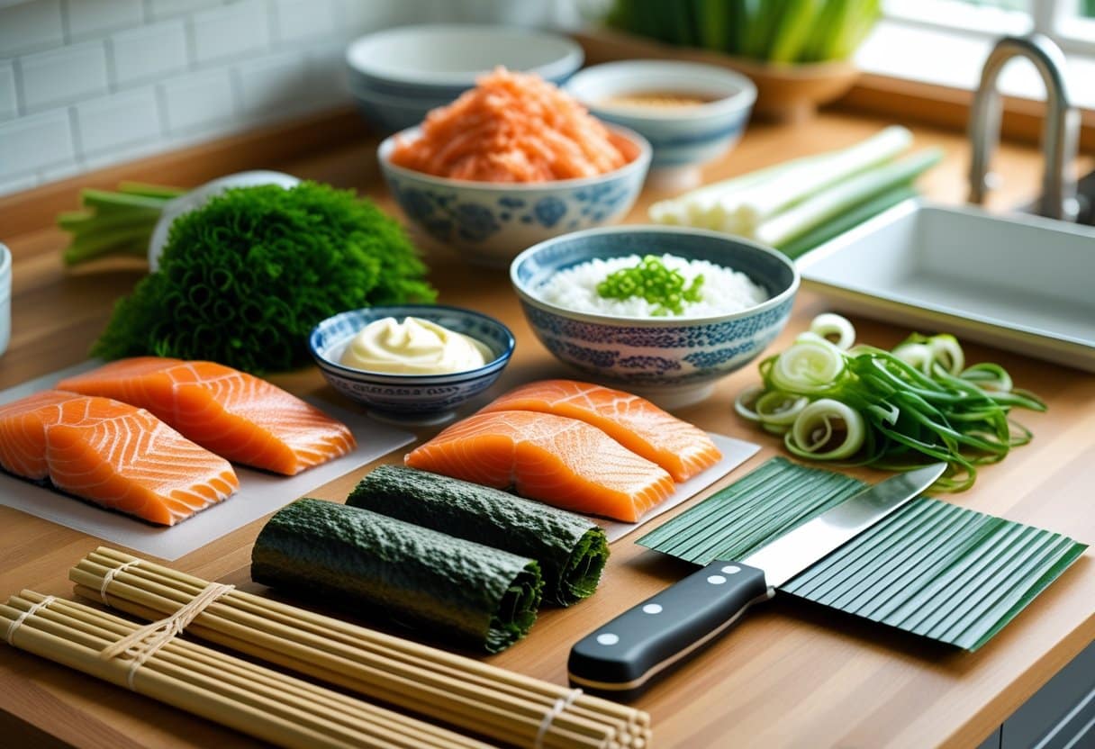 A kitchen countertop displaying fresh ingredients like salmon, crab meat, cream cheese, mayonnaise, sushi rice, nori sheets, green onions, and sushi-making tools including a bamboo rolling mat, knife, rice paddle, and baking dish.