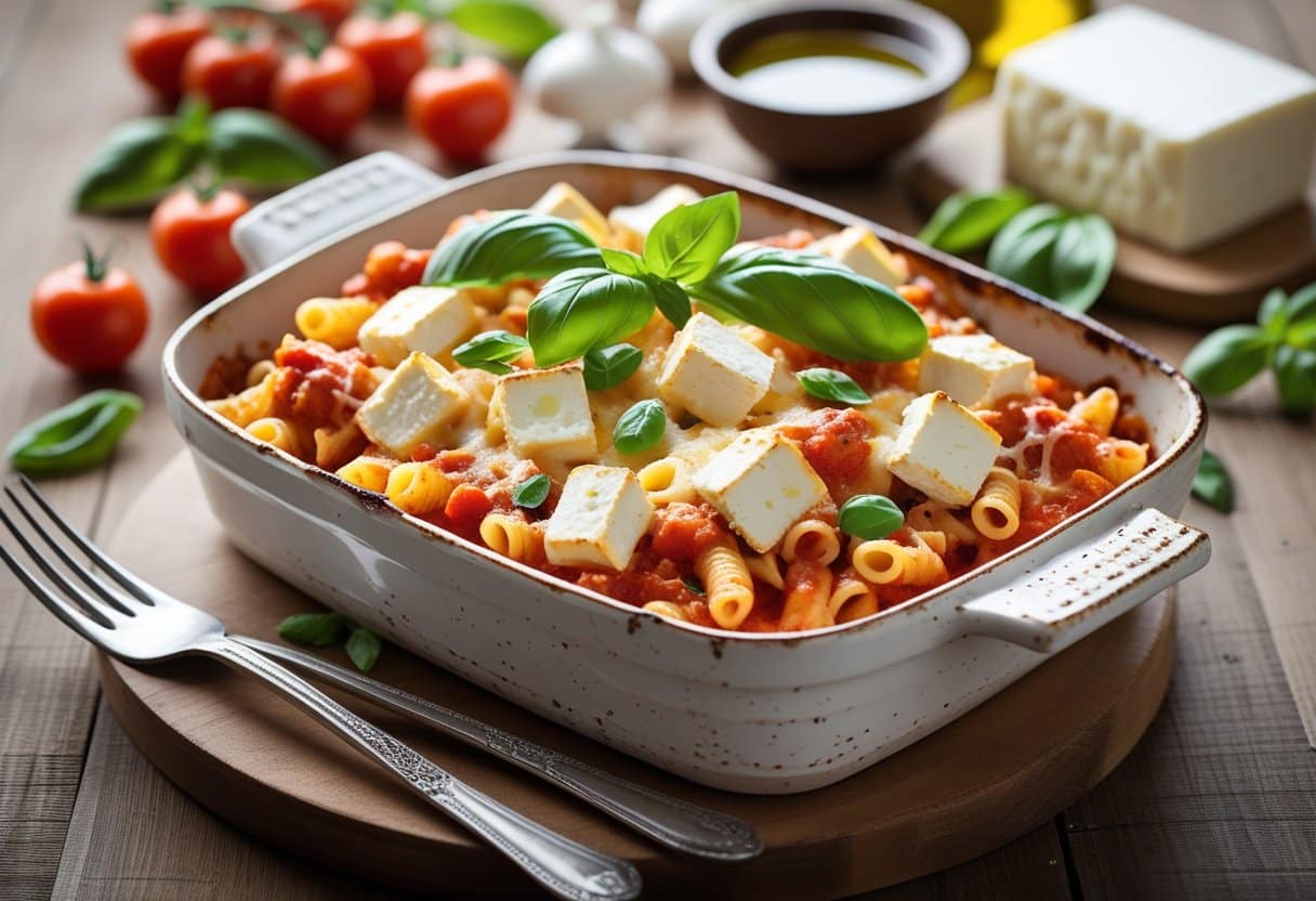 A baked feta pasta dish in a white ceramic baking dish garnished with fresh basil on a wooden table with ingredients around it.