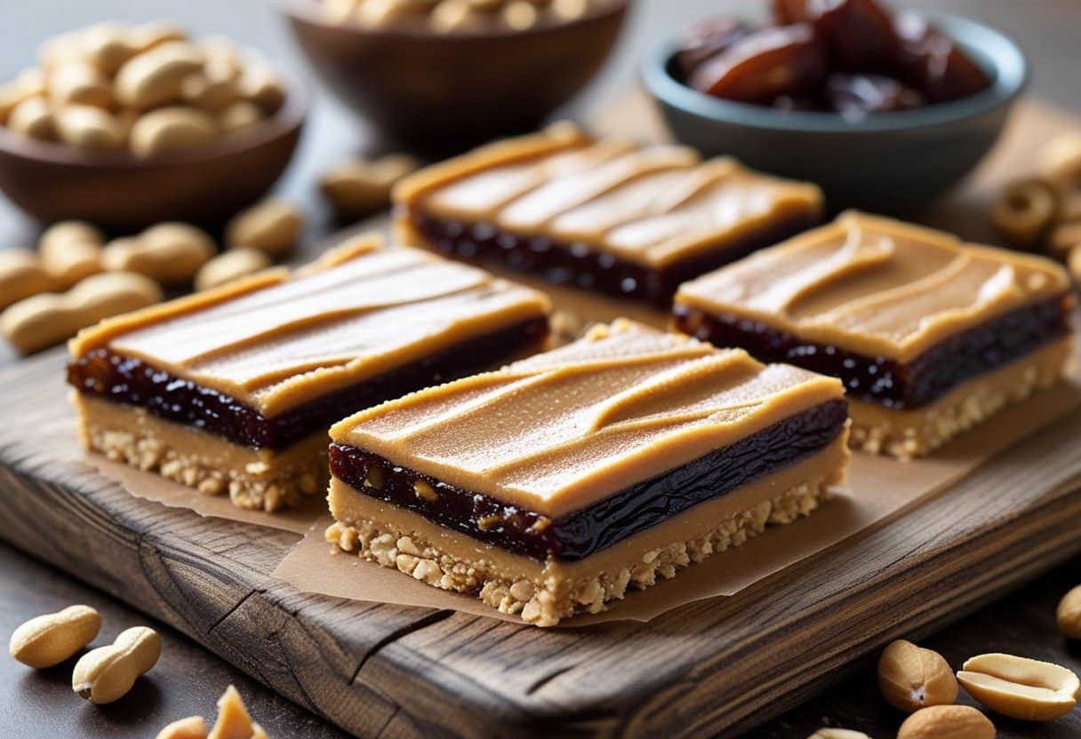 Fresh date peanut butter bars arranged on a wooden cutting board with peanuts and chopped dates around them.