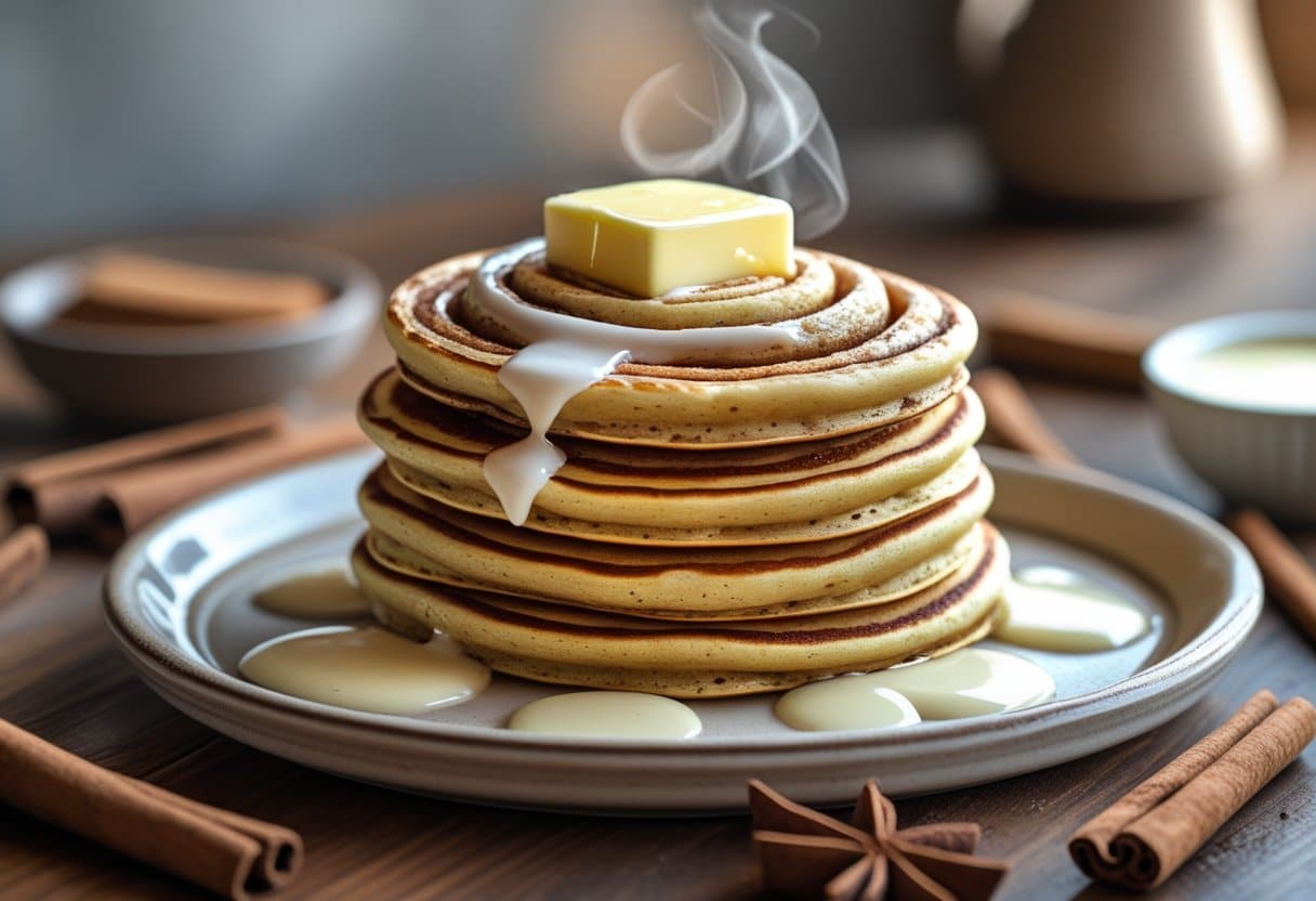 A stack of cinnamon roll pancakes topped with butter and icing on a plate, with cinnamon sticks nearby on a wooden table.