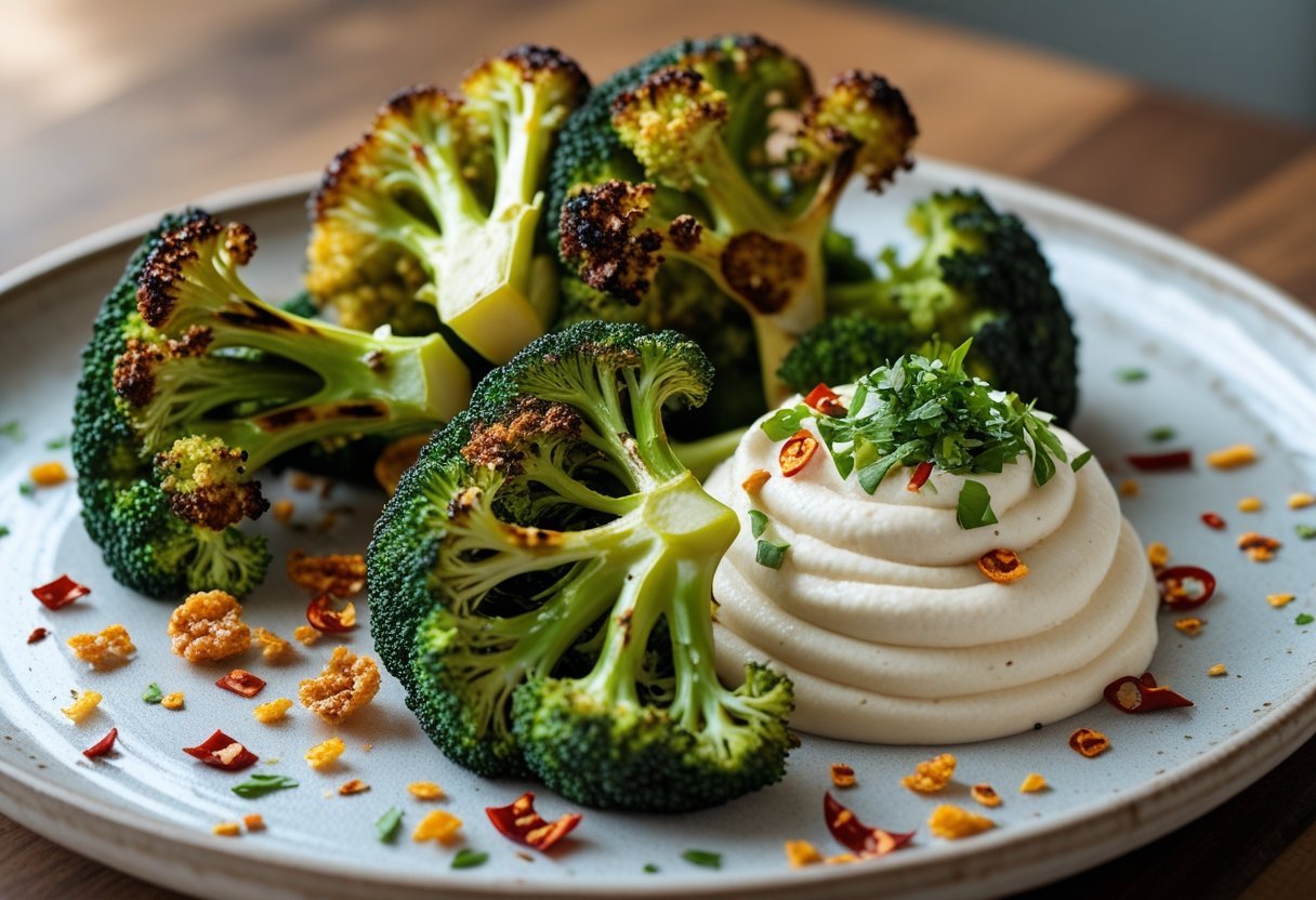 A plate with roasted broccoli and a dollop of whipped tofu topped with crispy chile flakes on a wooden table.