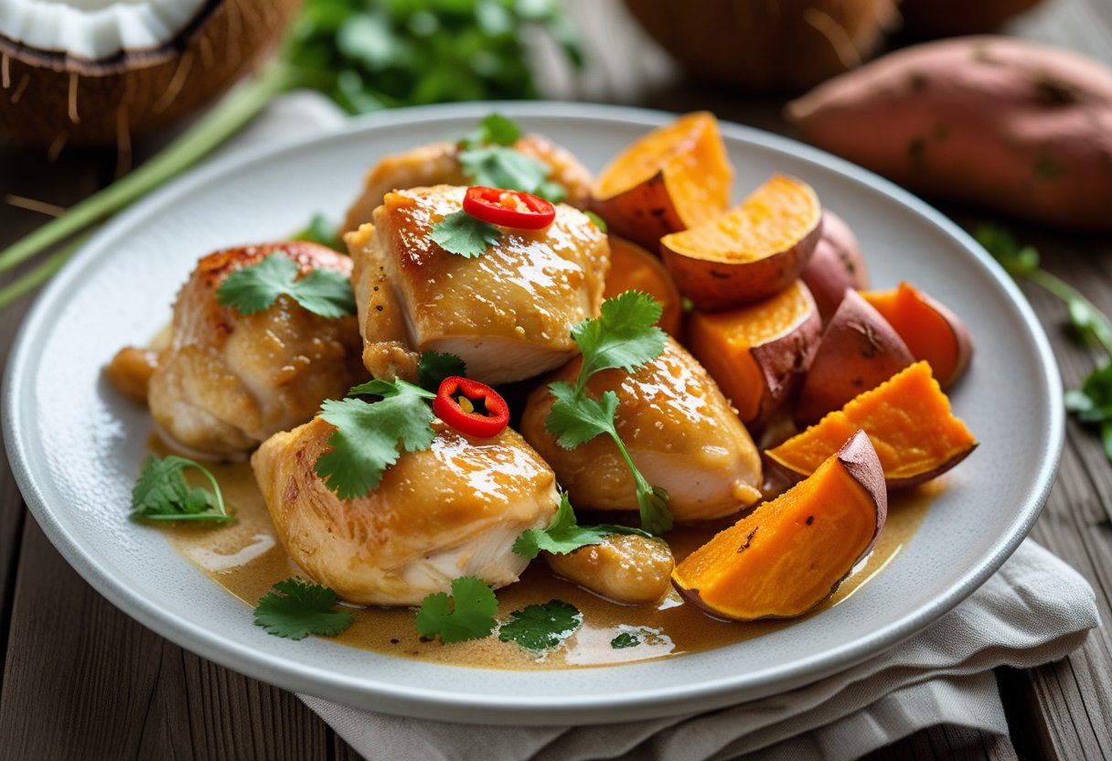 A plate of coconut chicken with roasted sweet potatoes garnished with herbs on a wooden table.