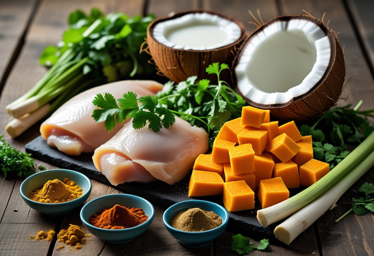Fresh raw chicken, sweet potatoes, halved coconut, herbs, and spices arranged on a wooden table.