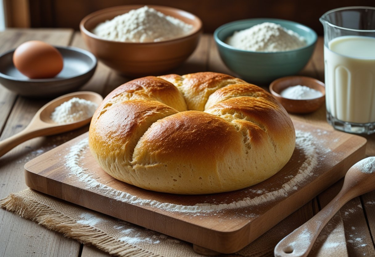 Freshly baked bannock bread on a wooden cutting board surrounded by baking ingredients on a kitchen counter.