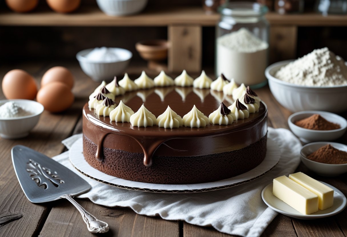 A round chocolate cake with decorative swirls on a wooden table surrounded by baking ingredients and a cake server.