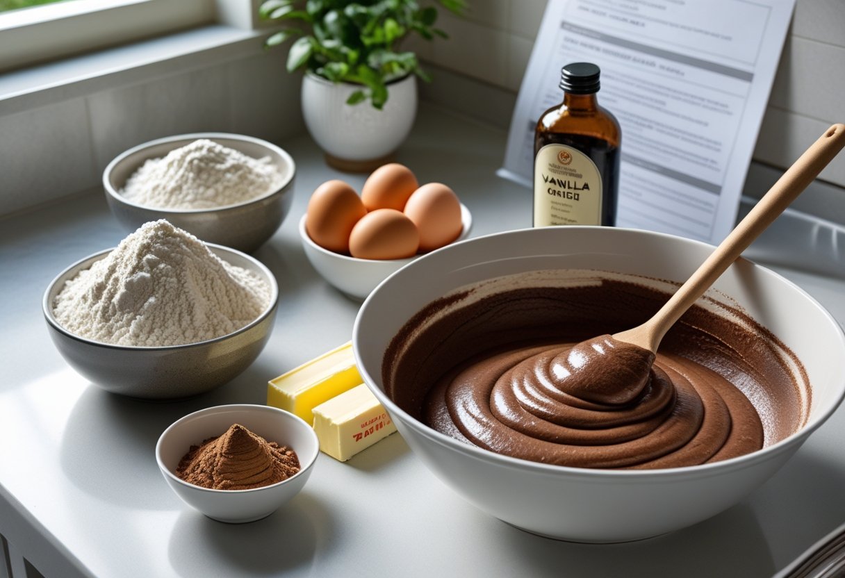 Kitchen countertop with ingredients and mixing bowl of chocolate batter prepared for making a Schmoo Cake.