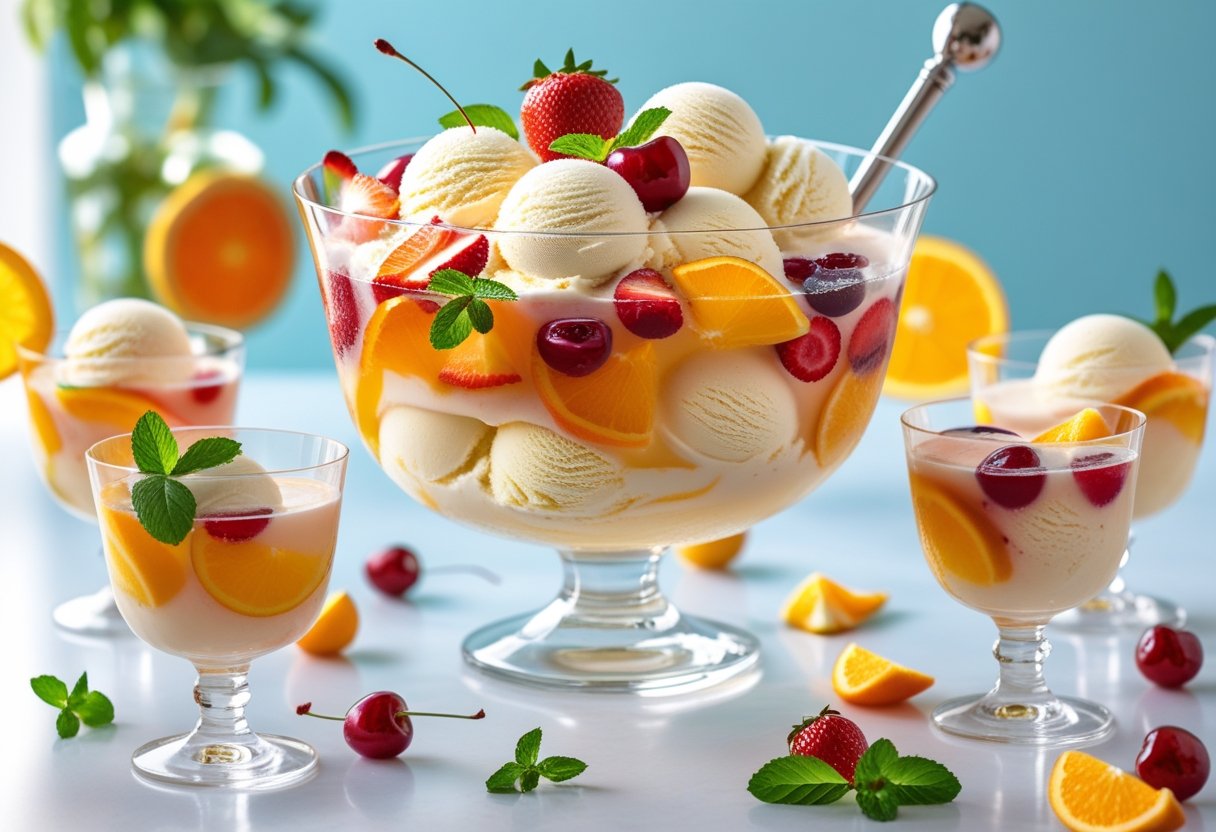 A punch bowl filled with ice cream, soda, and fresh fruit slices surrounded by glass cups with the same ice cream punch on a kitchen countertop.