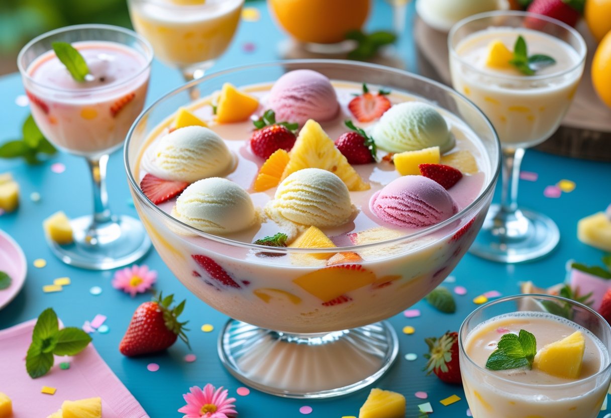 A glass punch bowl filled with colorful ice cream punch surrounded by glasses and fresh fruit on a decorated table.