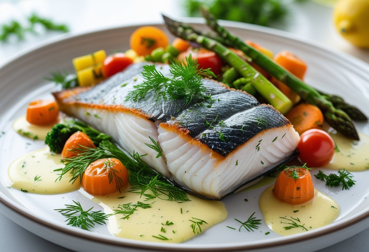 A plated Arctic Char fillet with herbs and roasted vegetables on a white plate on a dining table.