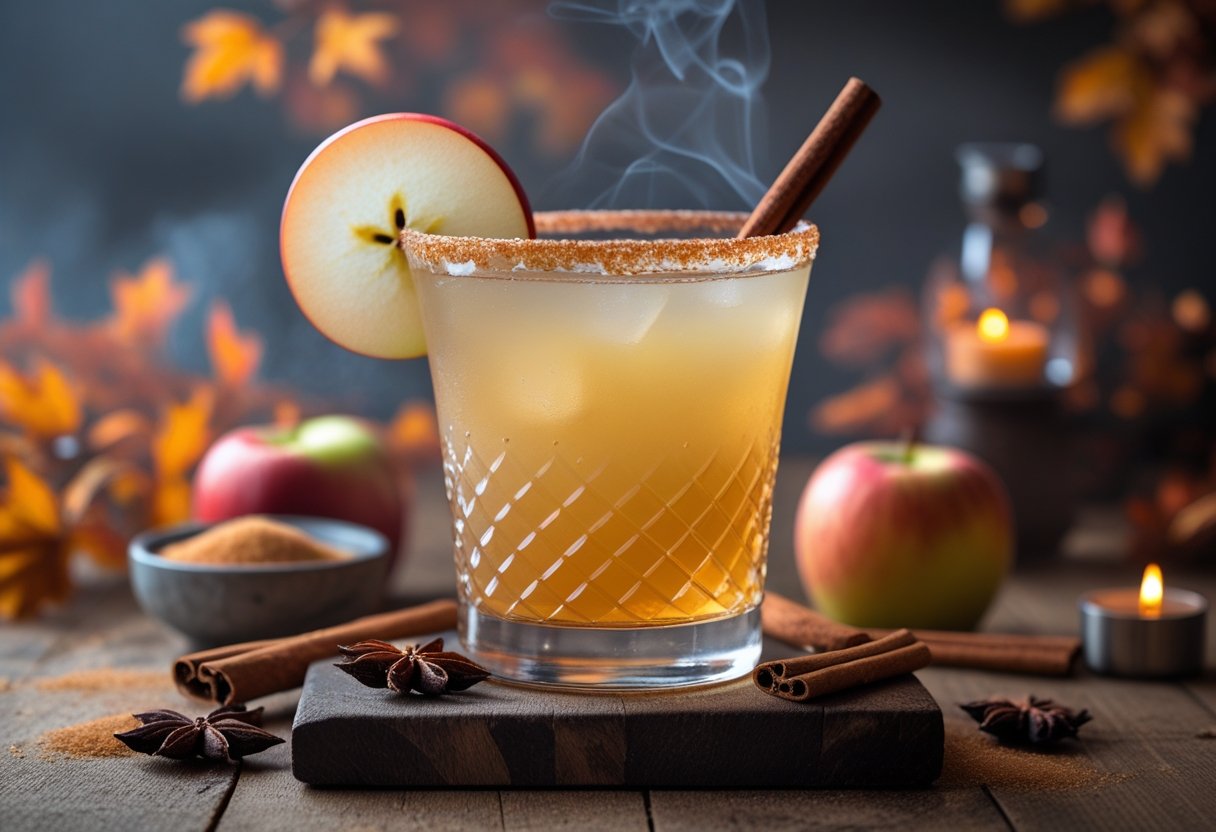 A margarita glass filled with an apple cider cocktail garnished with an apple slice and cinnamon stick, surrounded by apples and spices on a wooden table.