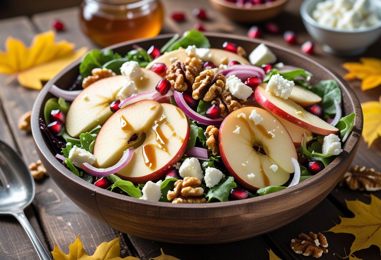 A bowl of autumn salad with Honeycrisp apple slices, feta cheese, mixed greens, walnuts, and pomegranate seeds on a wooden table with autumn leaves around.