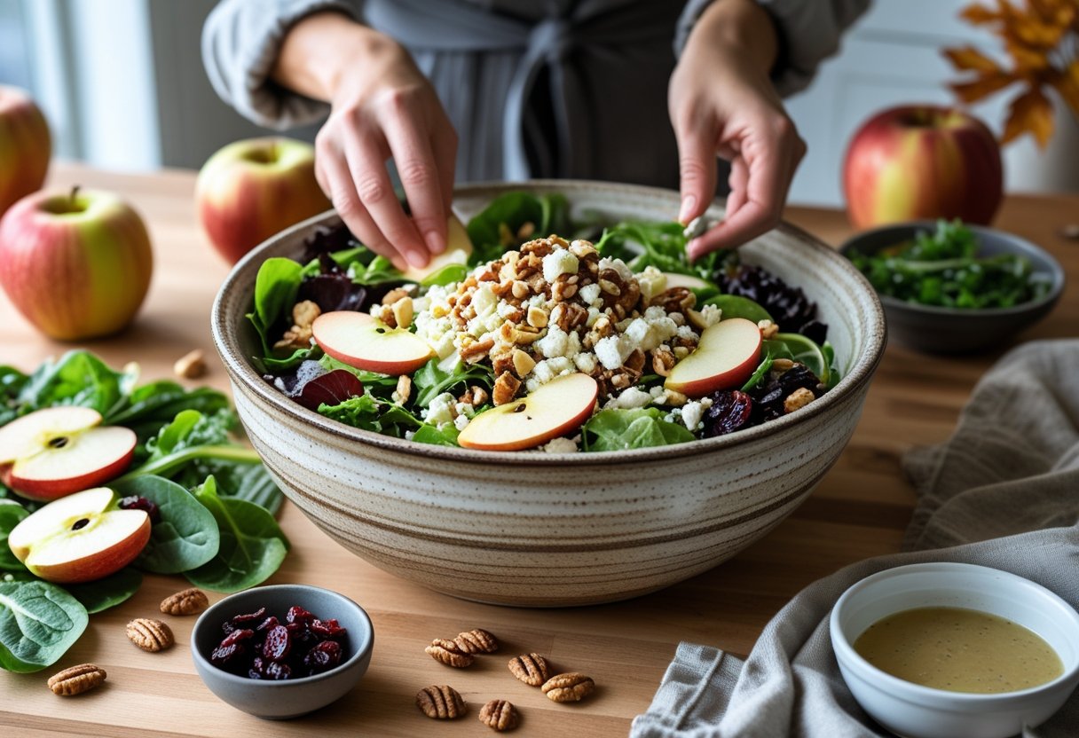 Hands assembling a fresh autumn salad with sliced apples, feta cheese, greens, nuts, and cranberries on a wooden countertop in a kitchen.