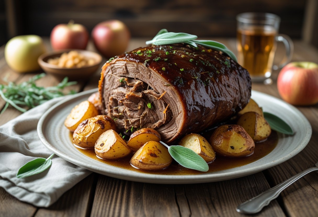 A plate of cider-braised pot roast with crispy sage potatoes on a wooden table, garnished with fresh sage leaves.