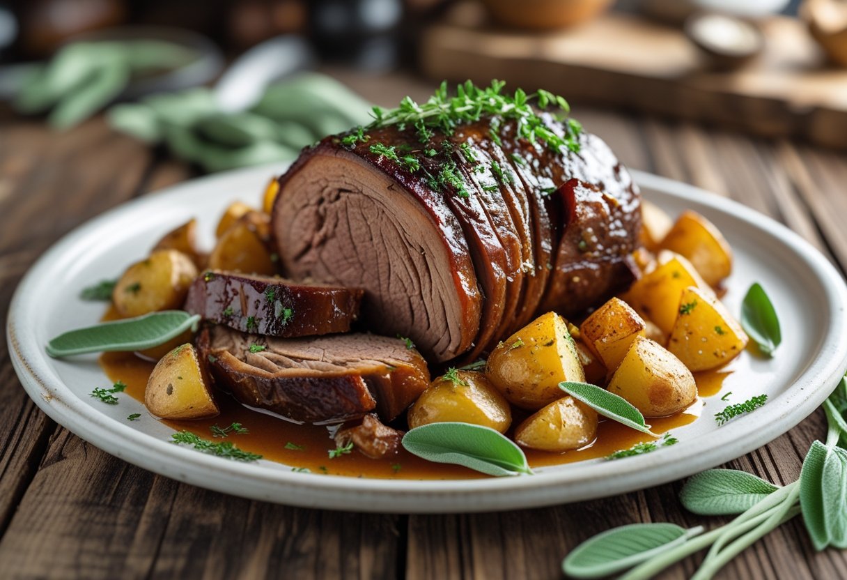 A plate with sliced cider-braised pot roast and crispy sage potatoes on a wooden table.