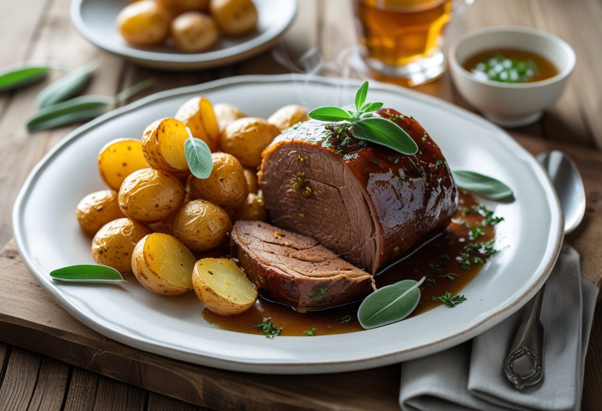 A plate of cider-braised pot roast with crispy sage potatoes on a wooden table, accompanied by a small bowl of sauce and a glass of cider.
