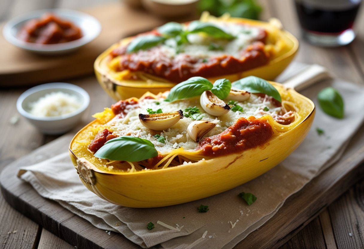 Two roasted spaghetti squash halves filled with lasagna ingredients, topped with melted cheese and fresh herbs, placed on a wooden table.
