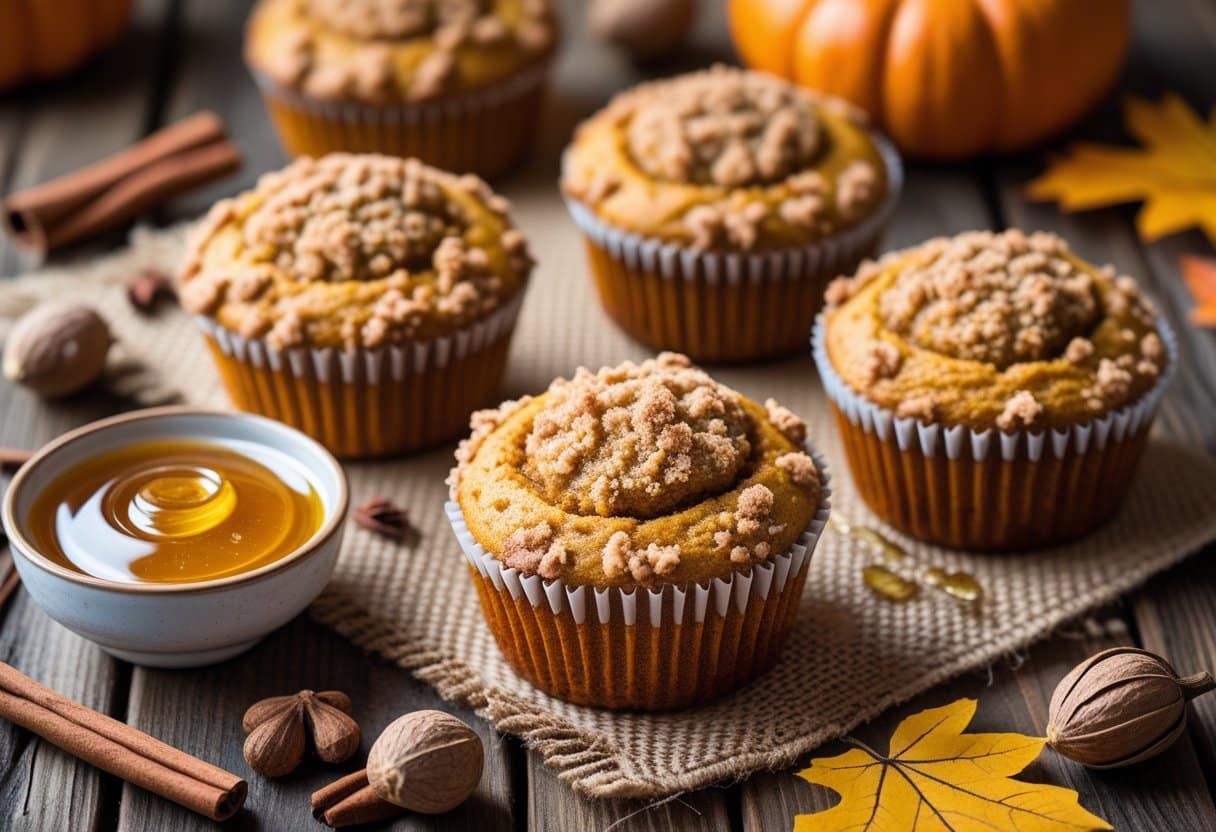 Freshly baked pumpkin coffee cake muffins with a bowl of cinnamon honey butter on a wooden table surrounded by cinnamon sticks, a small pumpkin, and fall leaves.