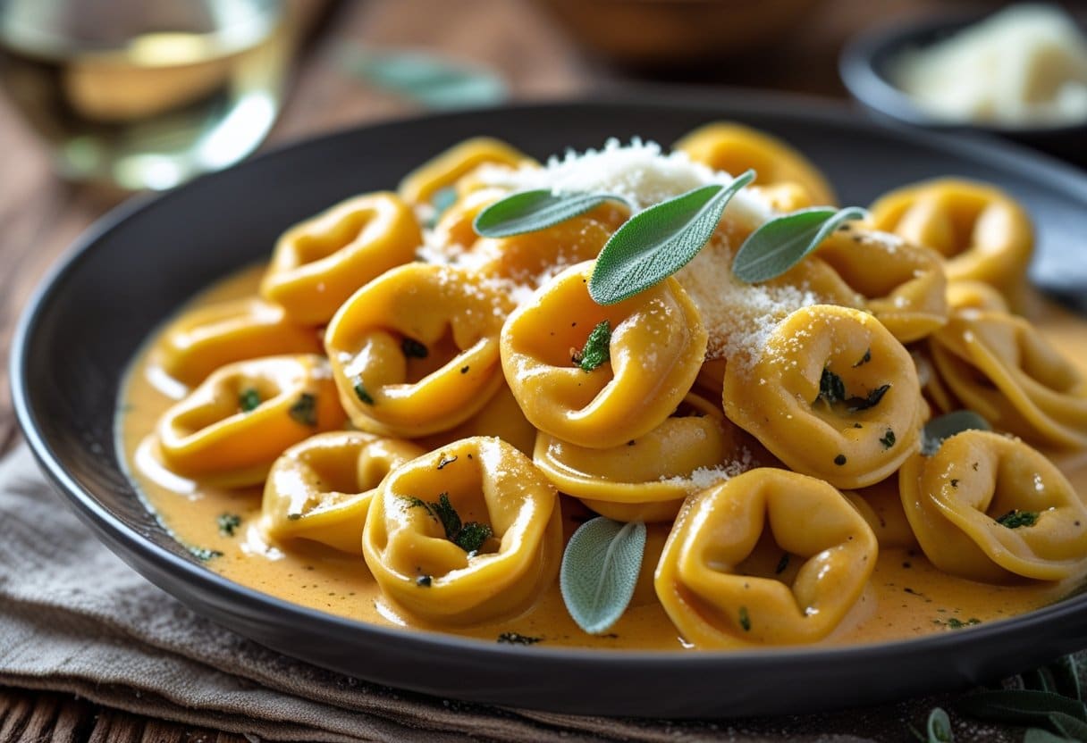 A plate of brown butter pumpkin tortellini in creamy vodka sauce garnished with Parmesan cheese and sage on a wooden table.
