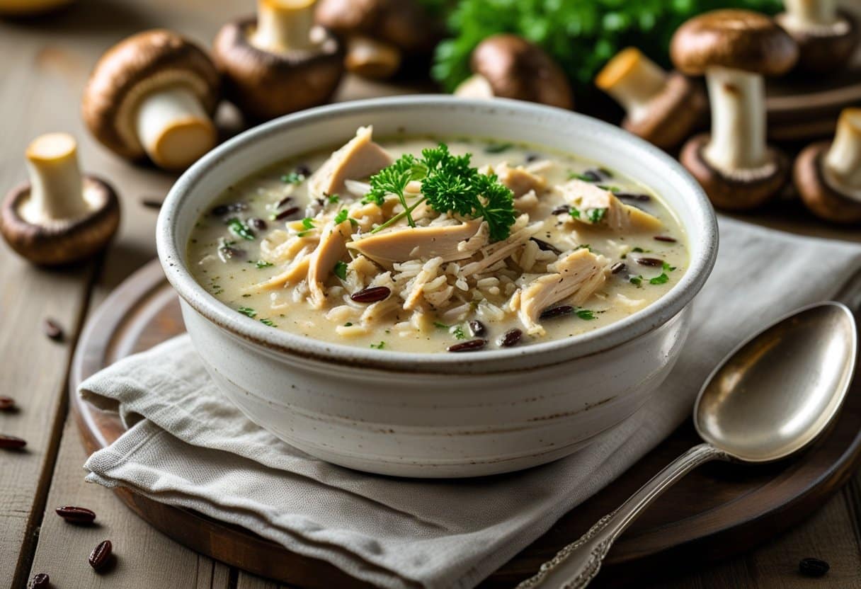 A bowl of creamy wild rice chicken soup with roasted mushrooms on a wooden table, accompanied by a spoon and fresh herbs.