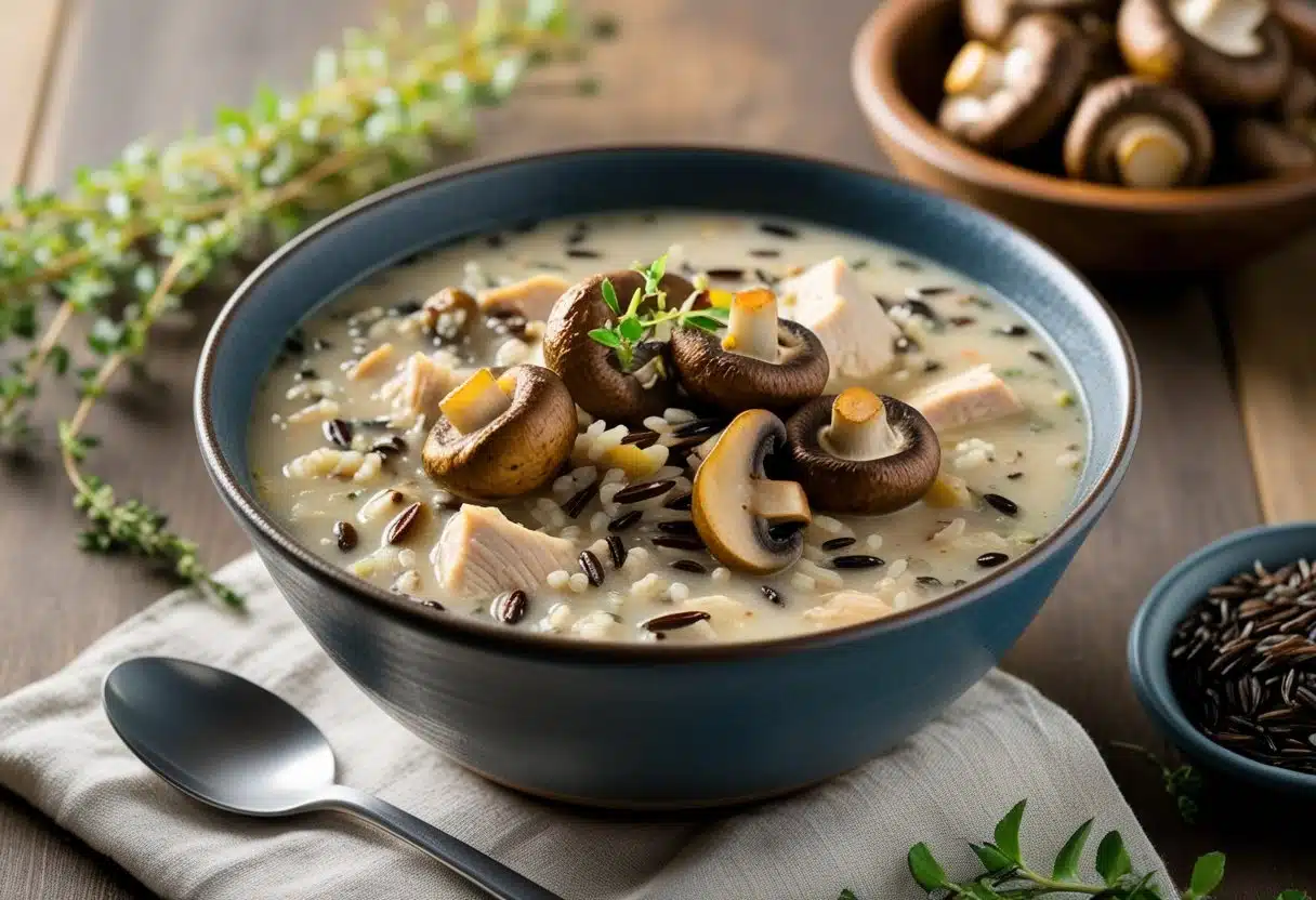 A bowl of creamy wild rice chicken soup topped with roasted mushrooms on a wooden table, with fresh herbs and a spoon nearby.