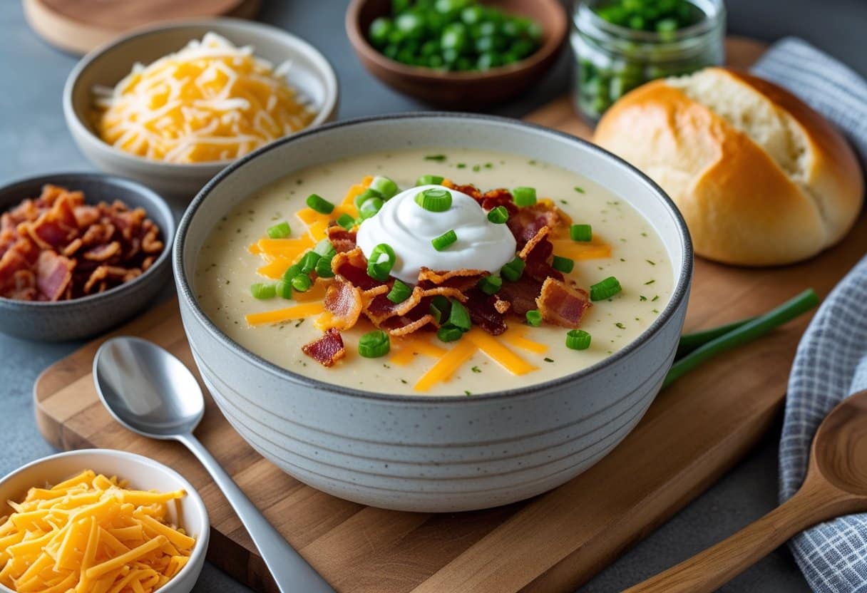 A bowl of loaded baked potato soup topped with cheese, bacon, green onions, and sour cream, surrounded by ingredients and bread on a wooden surface.