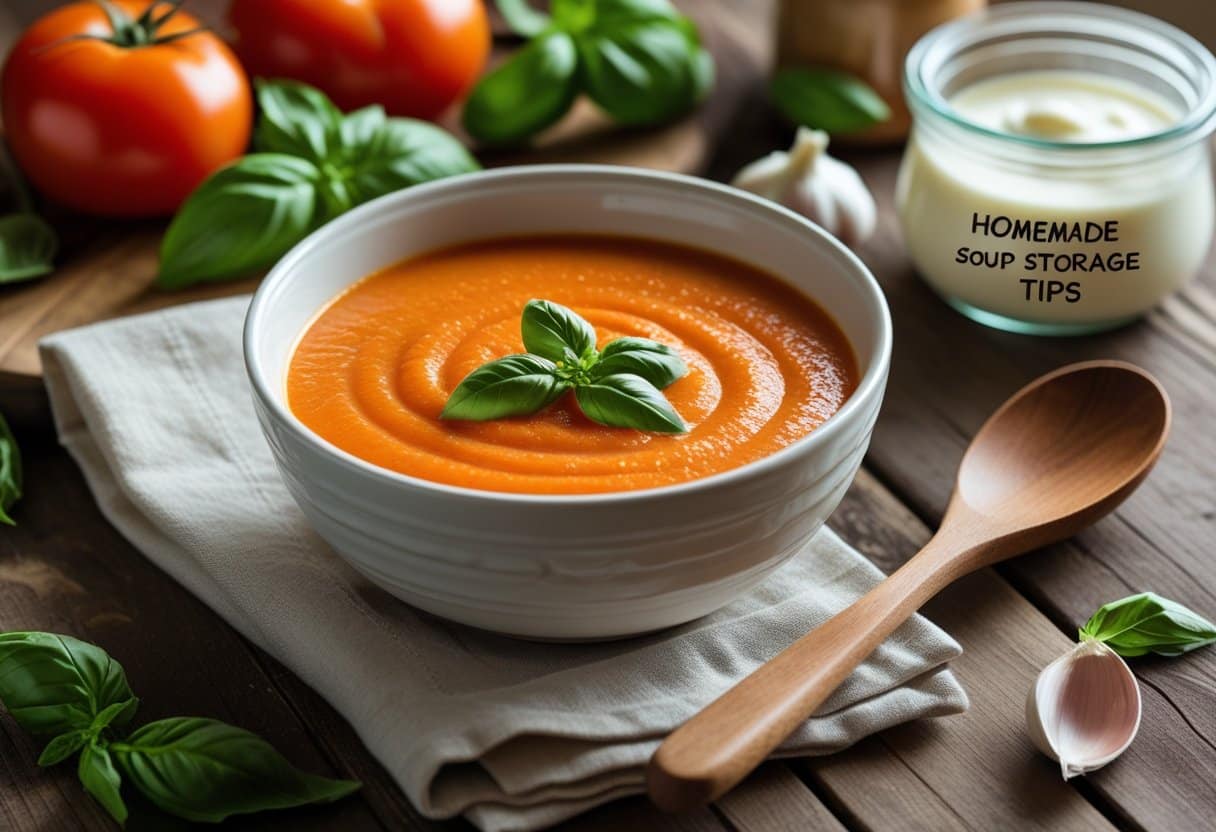 A bowl of creamy tomato soup on a wooden table surrounded by fresh tomatoes, basil, garlic, and a wooden spoon.