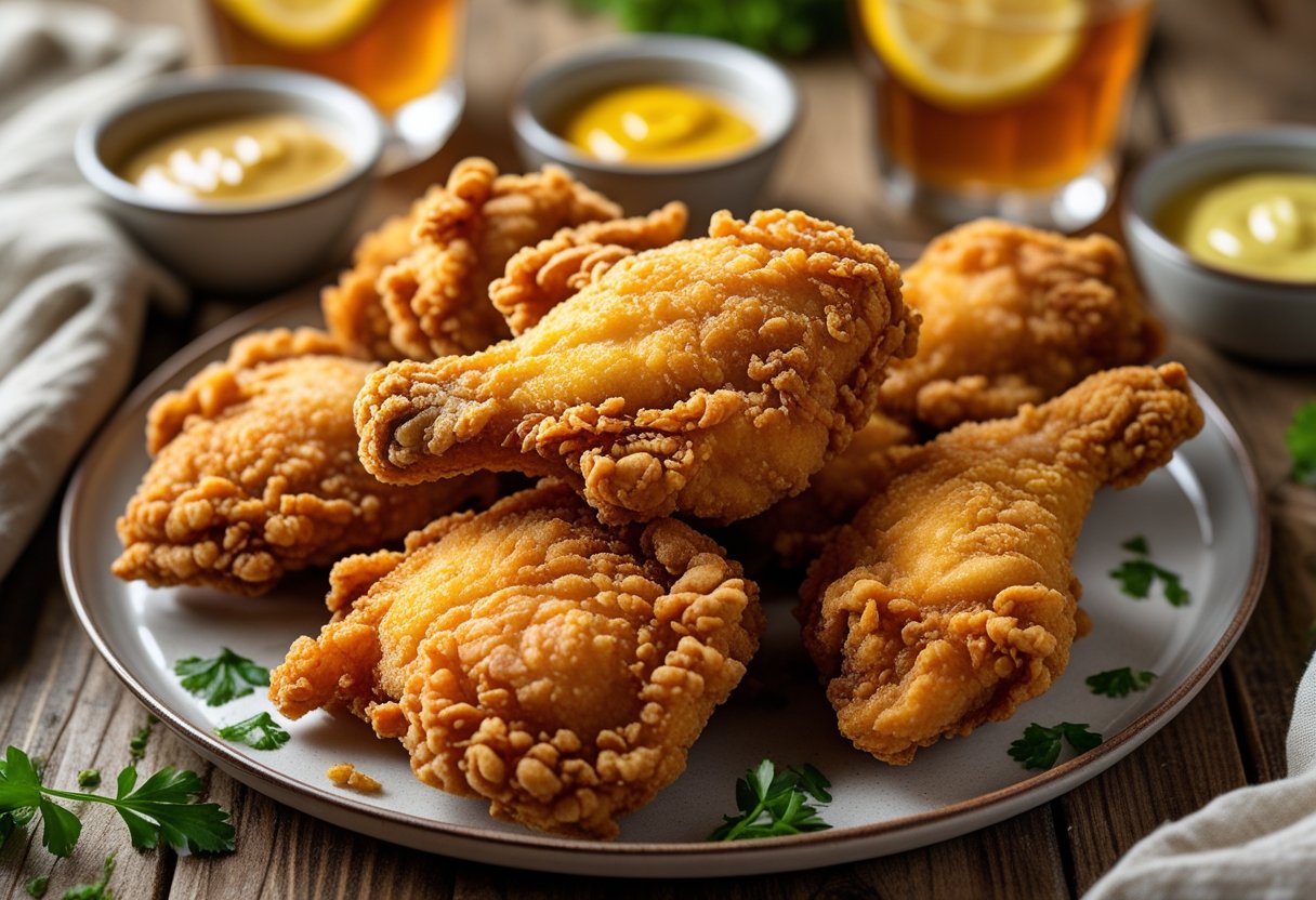 A plate of golden buttermilk fried chicken with dipping sauces and fresh herbs on a wooden table.