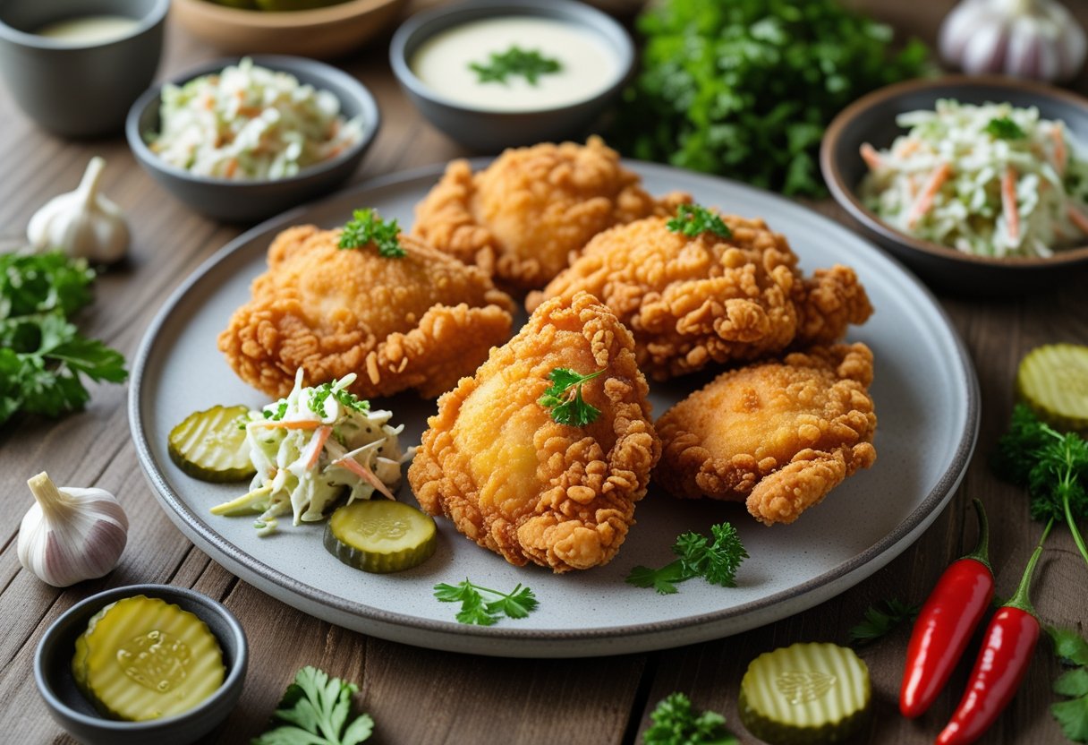 A plate of golden buttermilk fried chicken with coleslaw, pickles, and dipping sauce on a wooden table surrounded by fresh ingredients.