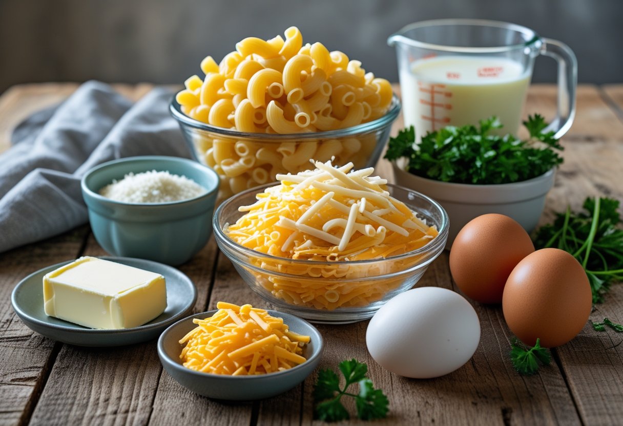 A wooden table with bowls of elbow macaroni, shredded cheddar cheese, Parmesan cheese, eggs, butter, milk, and fresh parsley arranged for cooking.