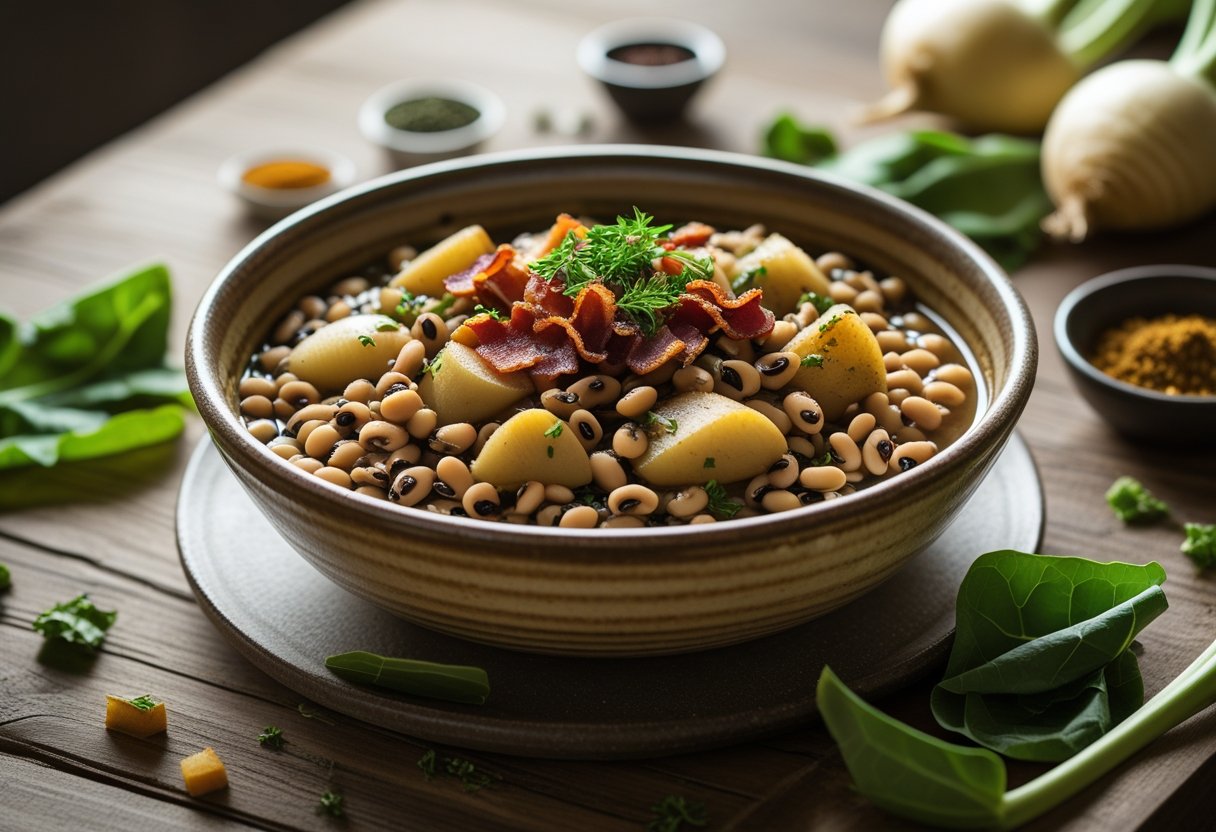 A bowl of Hoppin’ John with turnips and greens on a wooden table, surrounded by fresh turnips and greens.
