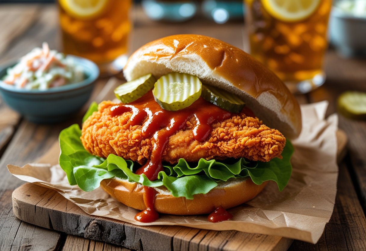 A crispy Nashville hot chicken sandwich with pickles and lettuce on a toasted bun, served with coleslaw and iced tea on a wooden table.
