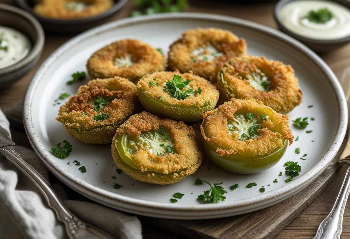 A plate of golden-brown fried green tomatoes garnished with parsley and served with a small bowl of dipping sauce on a wooden table.