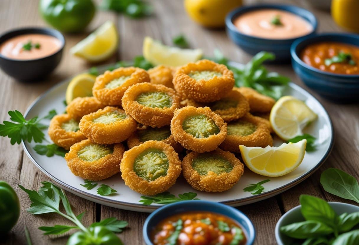 Plate of crispy fried green tomatoes with small bowls of dipping sauces and fresh herbs on a wooden table.