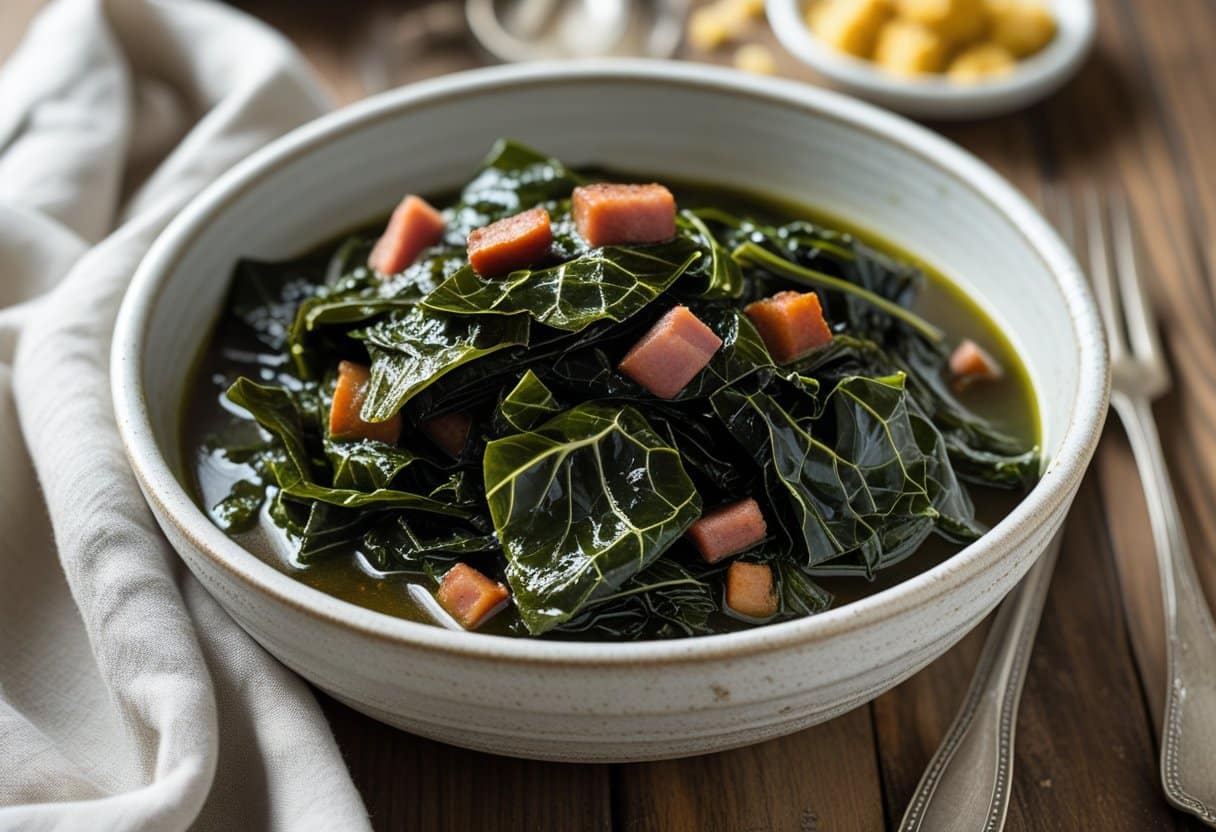A bowl of Southern-style braised collard greens with pieces of ham on a wooden table.