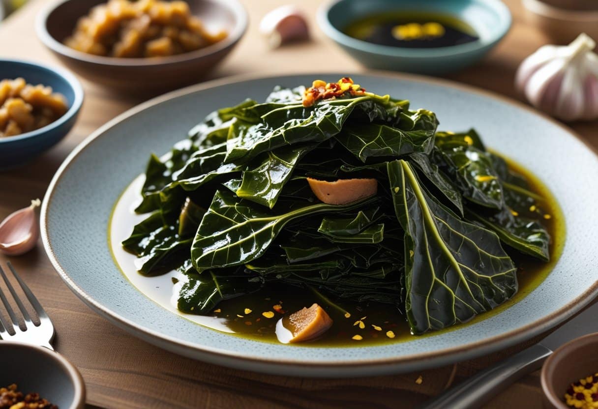 A plate of braised collard greens with small bowls of smoked turkey, garlic, and red pepper flakes on a wooden table.