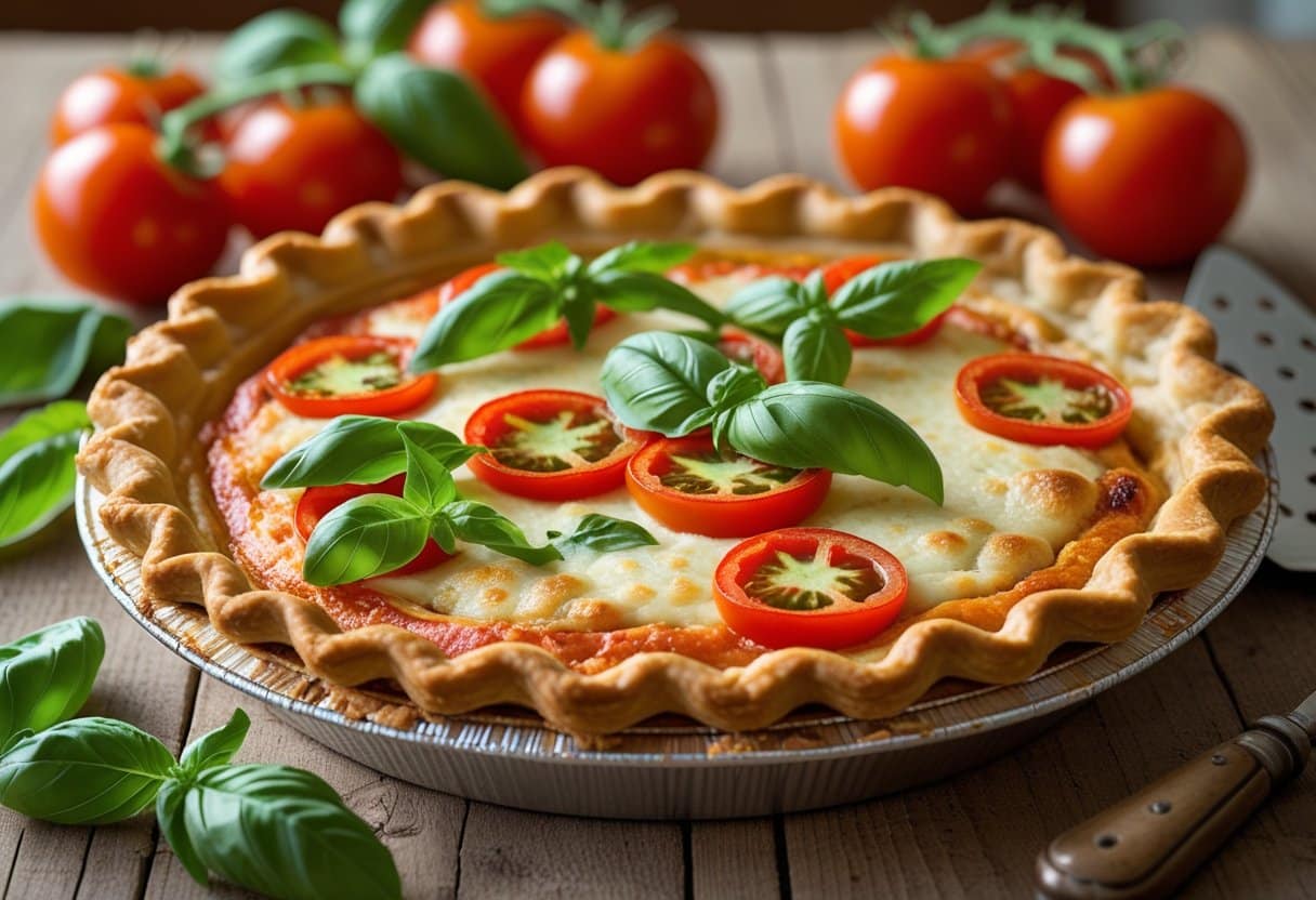 A freshly baked Southern tomato pie on a wooden table with fresh tomatoes and basil around it.