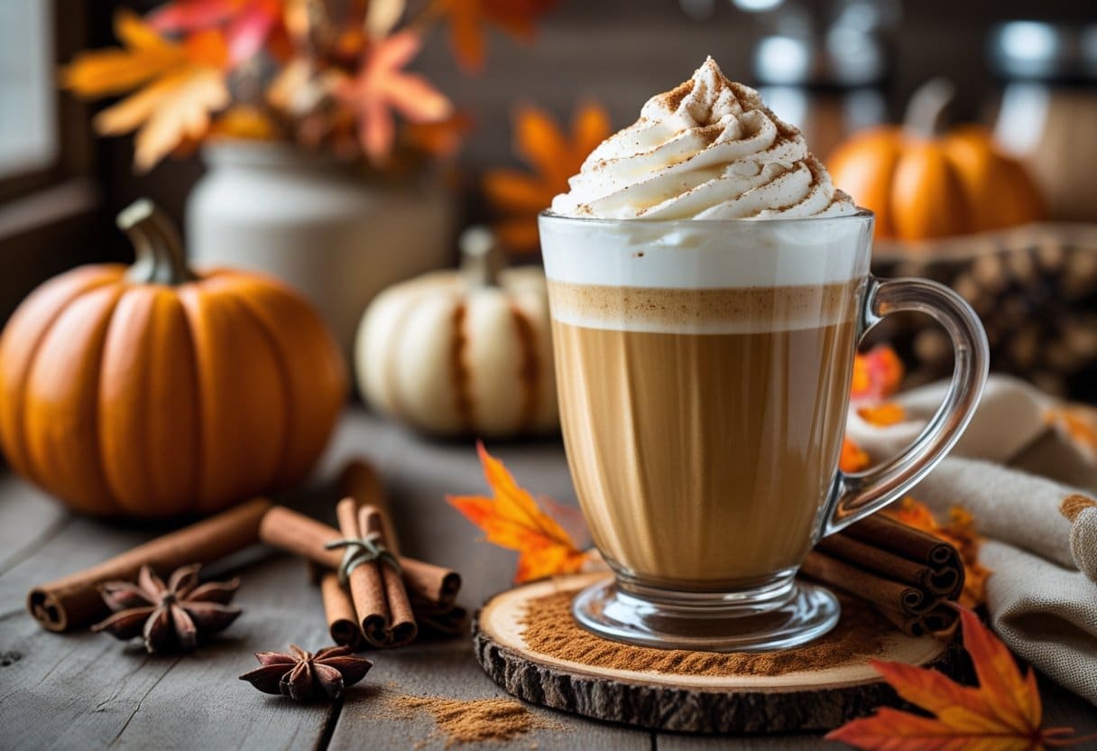 A pumpkin spice latte topped with whipped cream on a wooden table surrounded by pumpkins, cinnamon sticks, and autumn leaves.