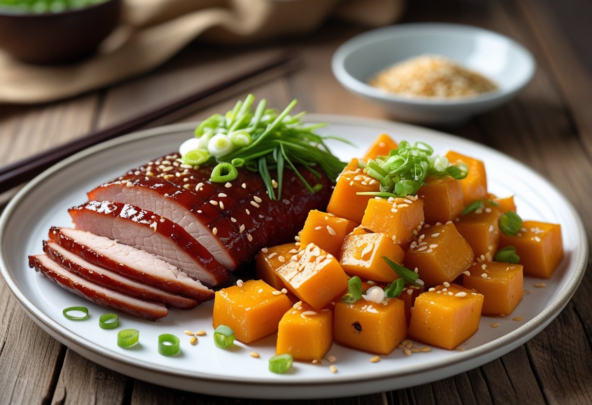 A plate of sliced Chinese BBQ pork with ginger coconut sweet potatoes, garnished with green onions and sesame seeds, on a wooden table with chopsticks.