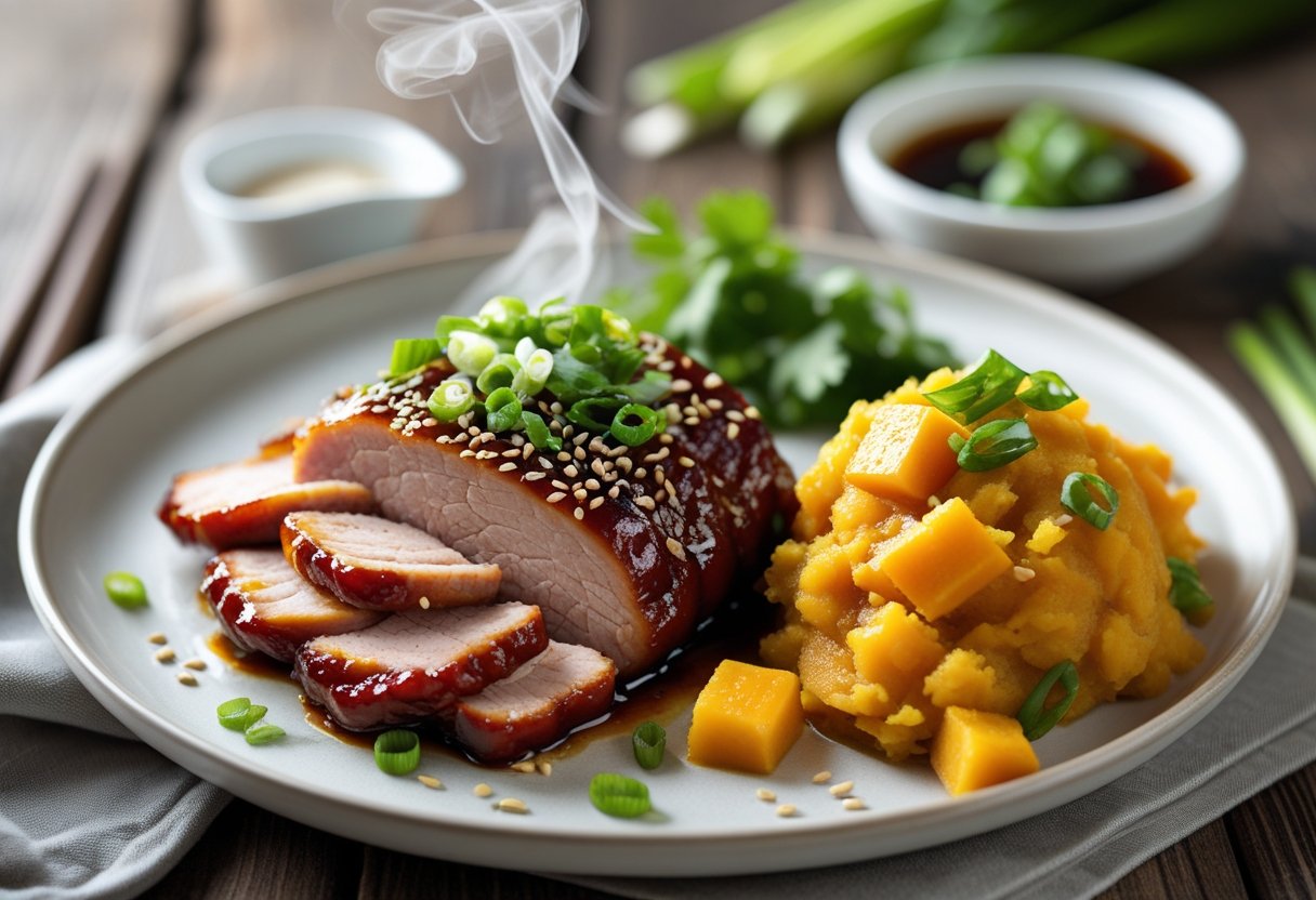 A plate of sliced Chinese BBQ pork with a caramelized glaze served alongside ginger coconut sweet potatoes on a wooden table.