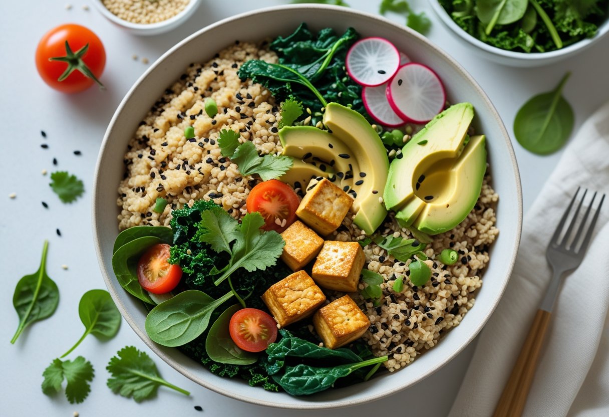 A bowl filled with grains, fresh leafy greens, cubed tofu, avocado slices, cherry tomatoes, and garnishes on a table.