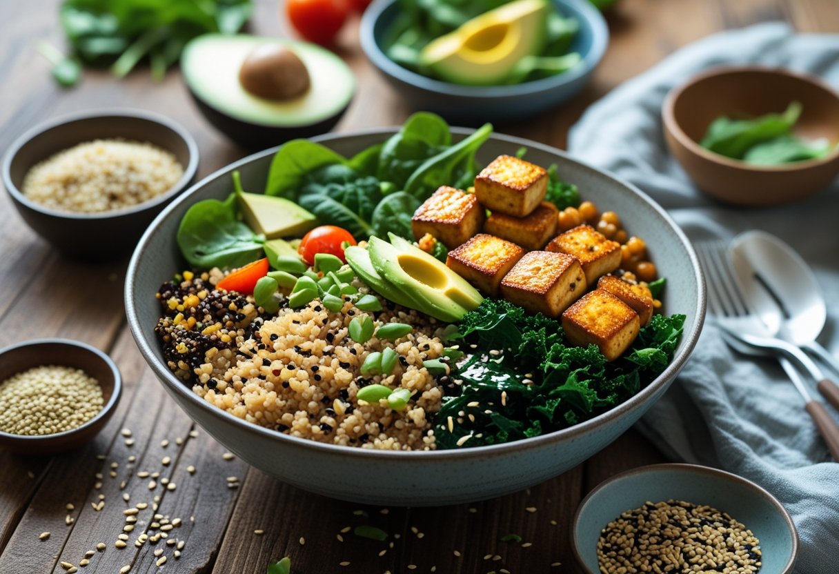 A bowl filled with cooked grains, fresh greens, and pan-seared tofu cubes on a wooden table, surrounded by small dishes of avocado, cherry tomatoes, and sesame seeds.