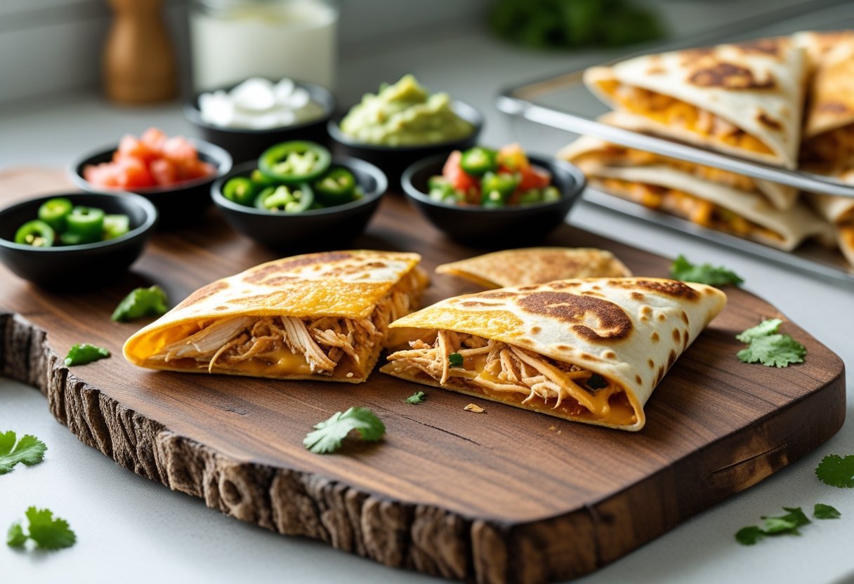A wooden board with sliced cheesy chicken crunchadilla surrounded by bowls of jalapeños, sour cream, guacamole, and salsa on a kitchen countertop.
