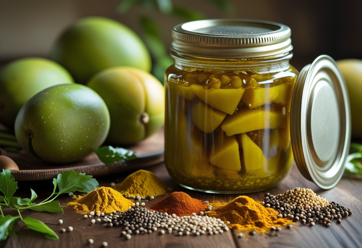 A jar of mango pickle surrounded by fresh green mangoes and spices on a wooden surface.