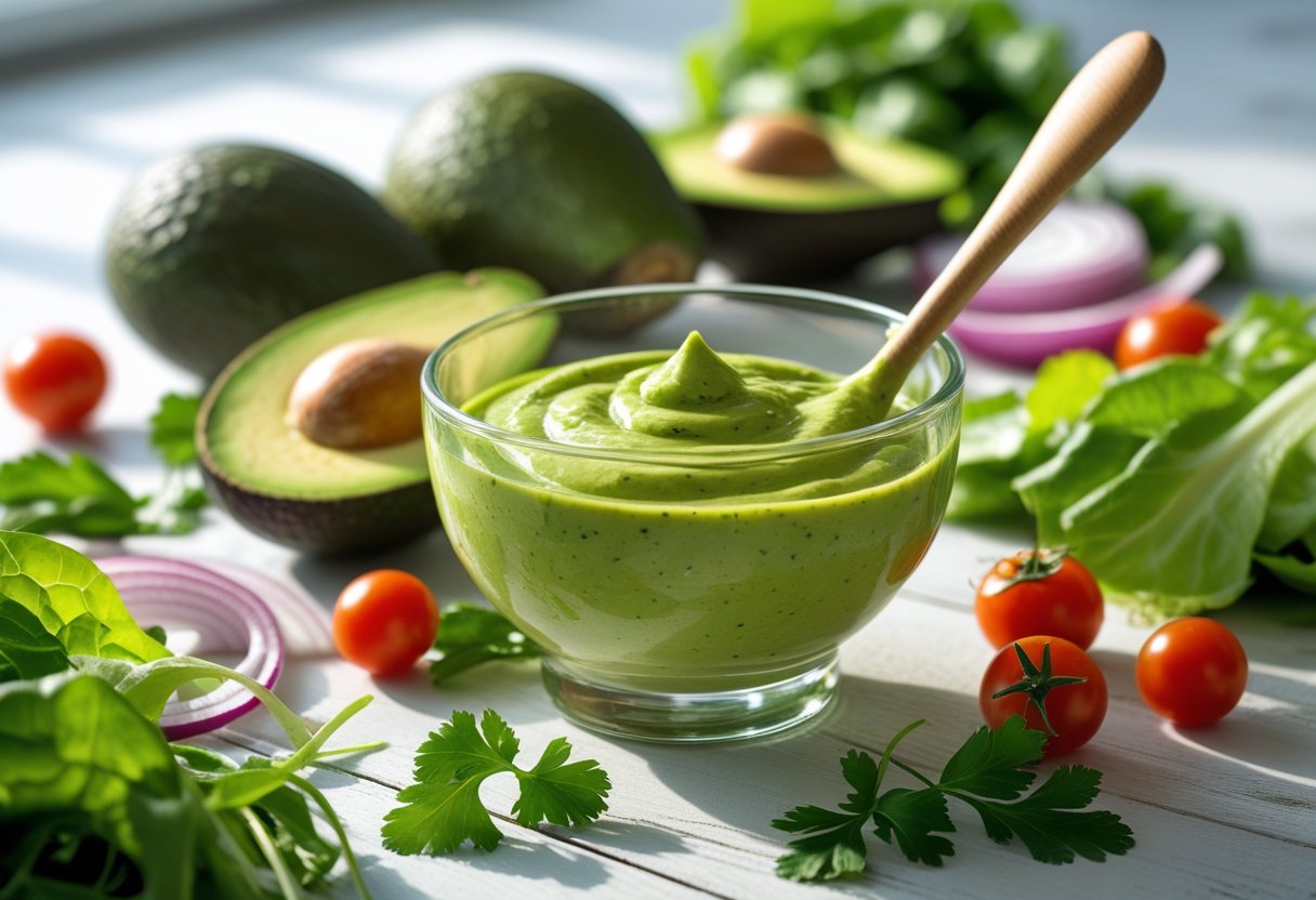 A glass bowl of creamy avocado salad dressing surrounded by fresh avocado halves, salad leaves, cherry tomatoes, and herbs on a wooden table.