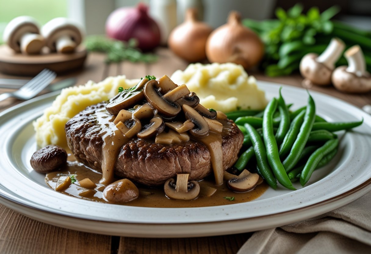 A plated Salisbury steak with mushroom gravy, mashed potatoes, and green beans on a wooden table.