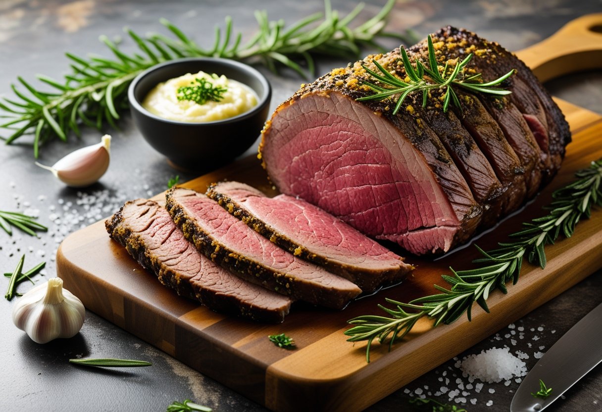 A sliced prime rib roast on a wooden board with a bowl of horseradish sauce and fresh herbs on a kitchen countertop.