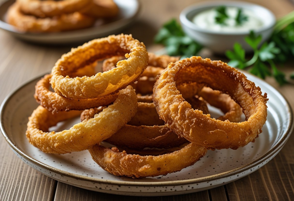 Plate of golden crispy onion rings with a small bowl of dipping sauce on a wooden table.