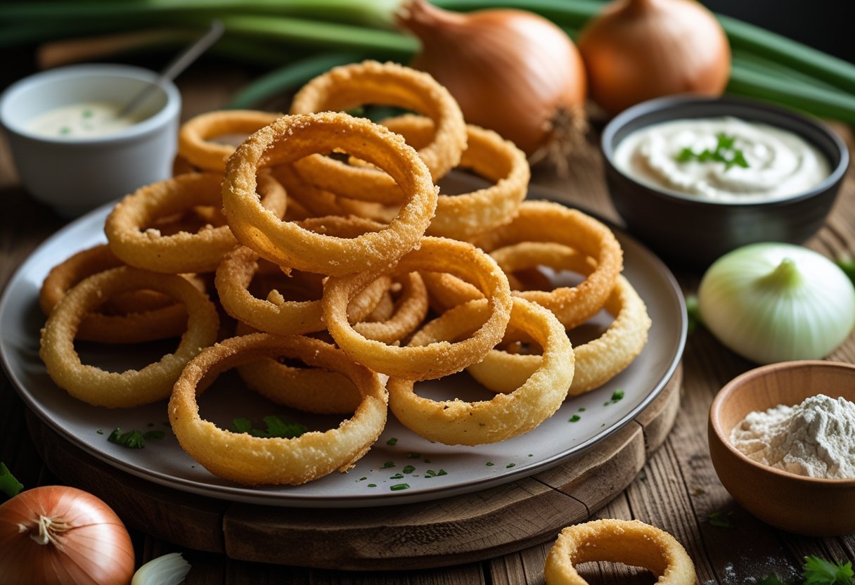A plate of crispy golden homemade onion rings with a bowl of dipping sauce on a wooden table, surrounded by fresh onions and cooking ingredients.