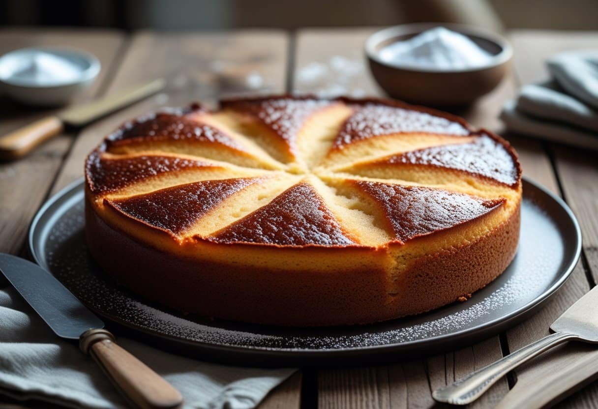 A Basque Gâteau with a dark golden crust on a wooden table, accompanied by a knife and a linen napkin.